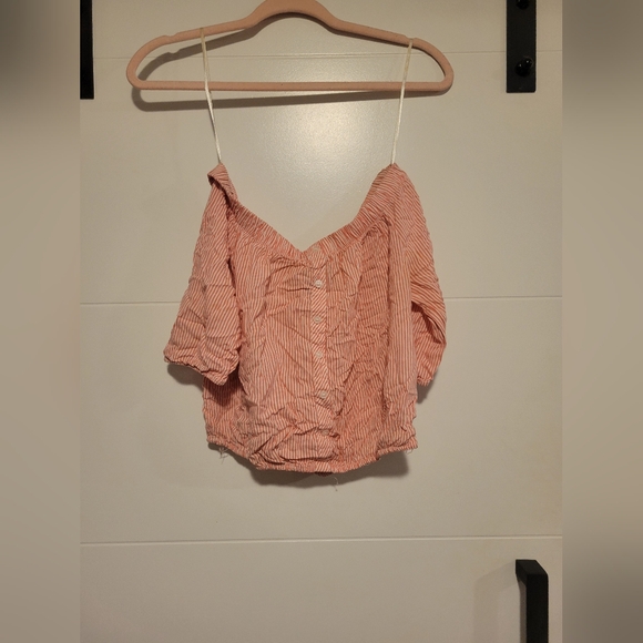 Used Pink and White Pinstripe Button up Off the Shoulder Crop Top Size S Small - Picture 1 of 3